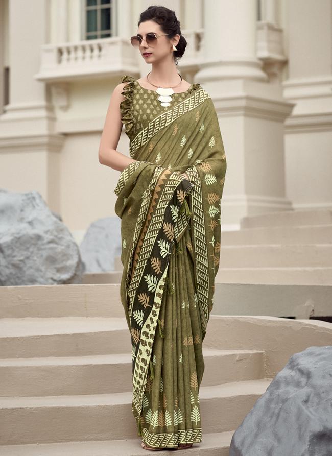 Pure Mal Mal Silk Mehendi Casual Wear Printed Saree